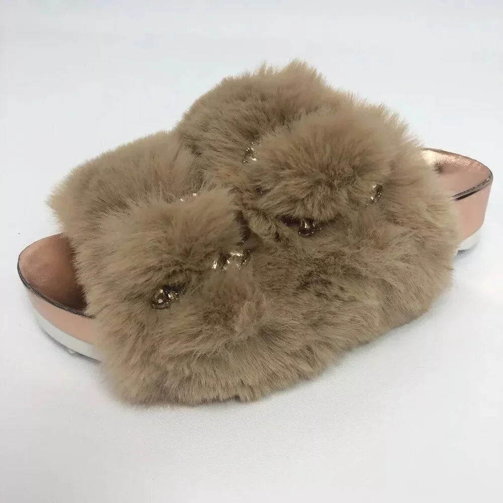 INC International Concepts Womens Alani Footbed Sandals Tan Faux Fur 5M